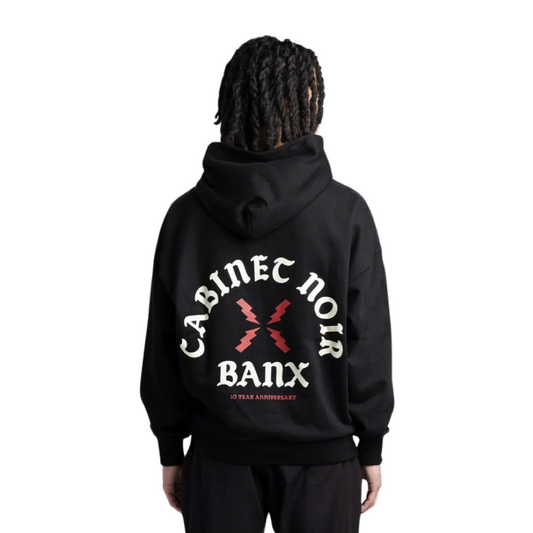 Cabinet Noir x Banx 10th Anniversary Oversized Pullover Hoodie White Black Red Font Logo