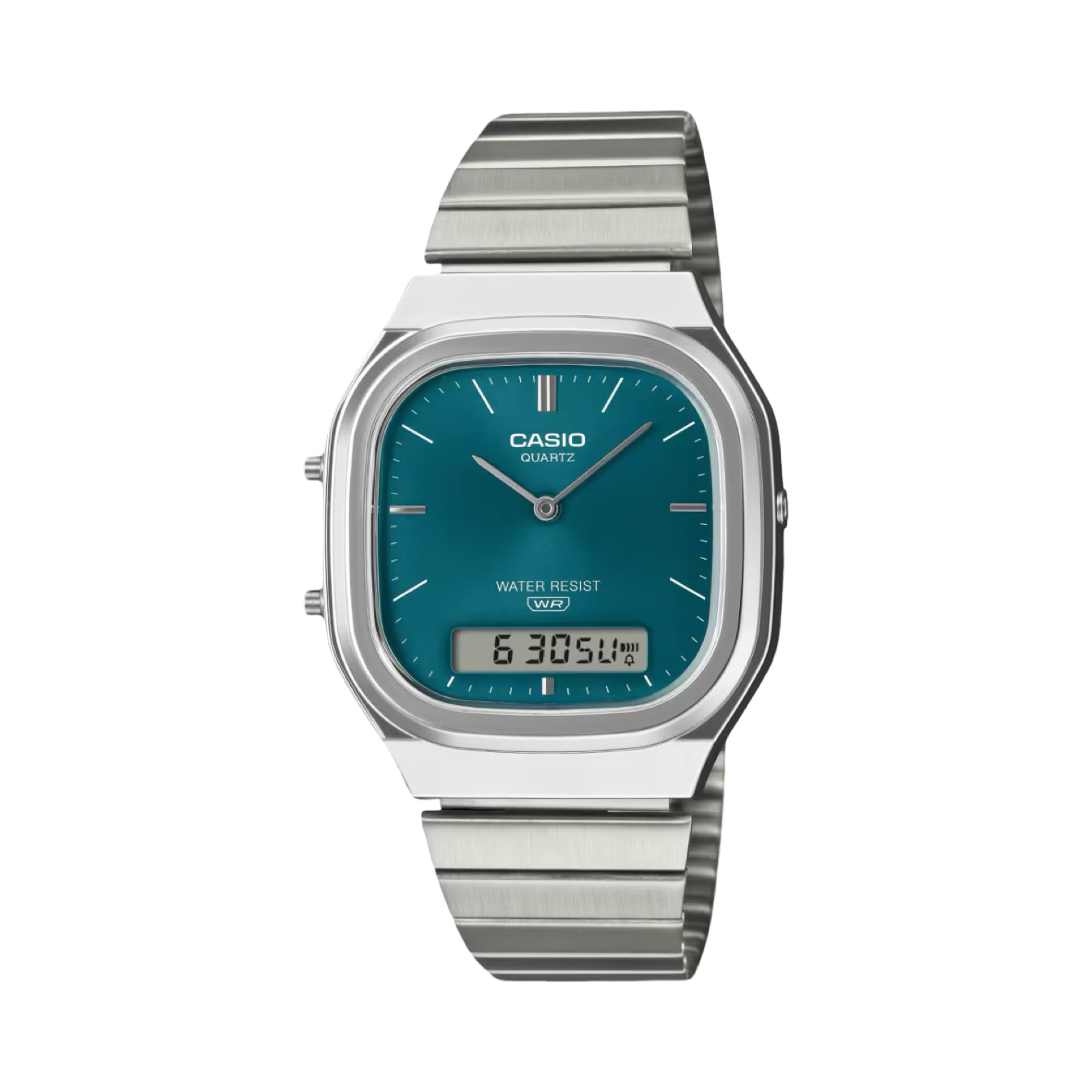 Men's Casio AQ240E-3A Vintage Square Green Dial Steel Band Watch
