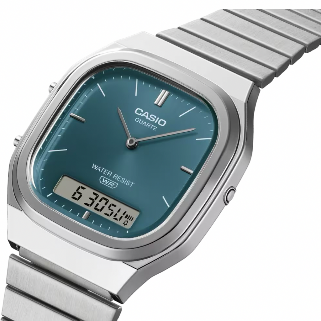 Men's Casio AQ240E-3A Vintage Square Green Dial Steel Band Watch