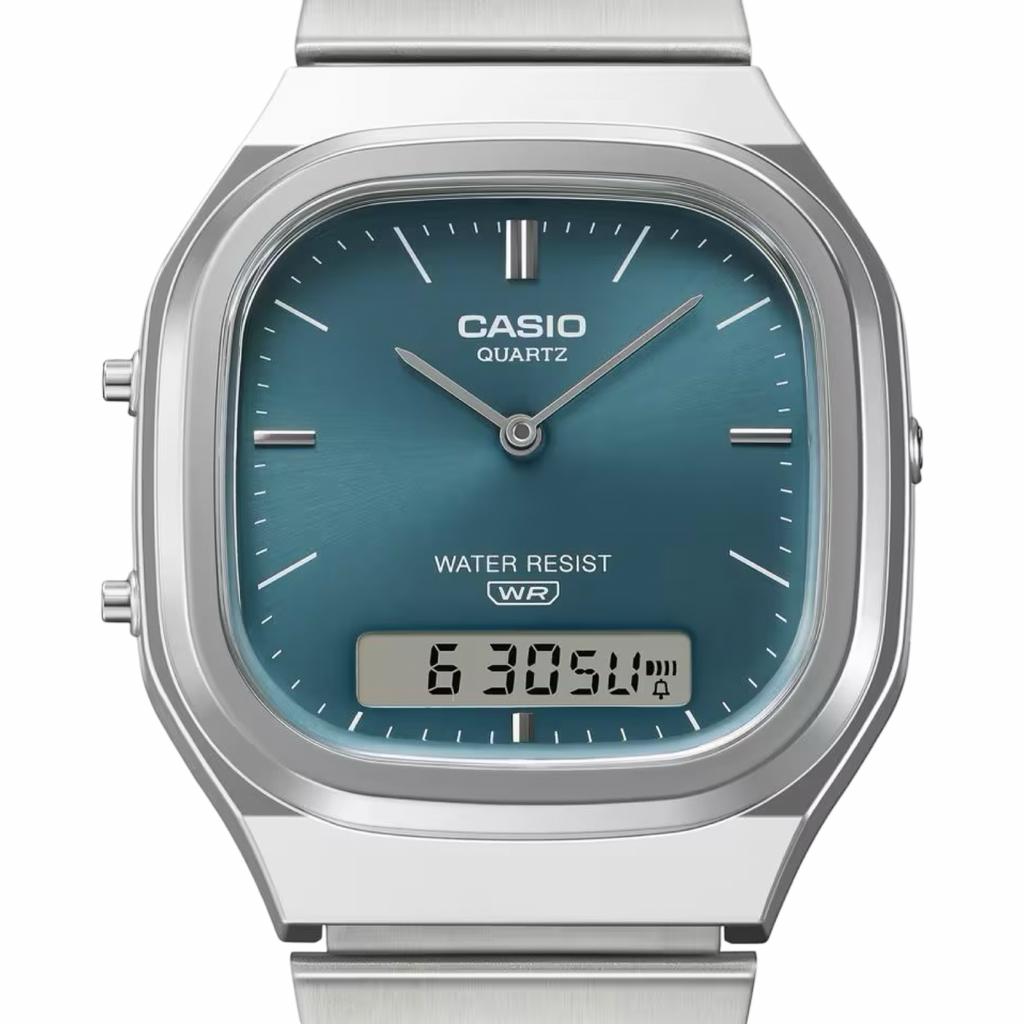 Men's Casio AQ240E-3A Vintage Square Green Dial Steel Band Watch