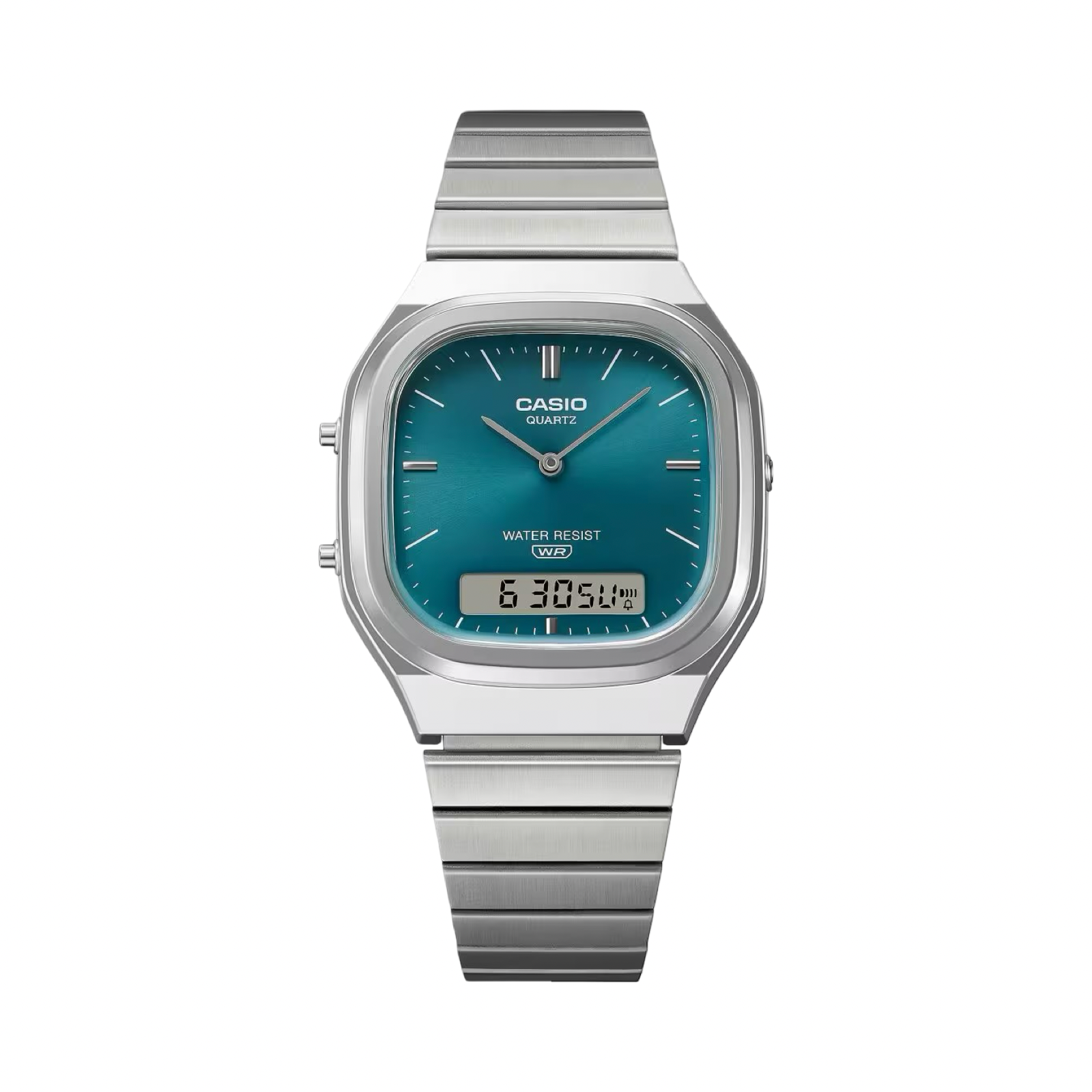 Men's Casio AQ240E-3A Vintage Square Green Dial Steel Band Watch