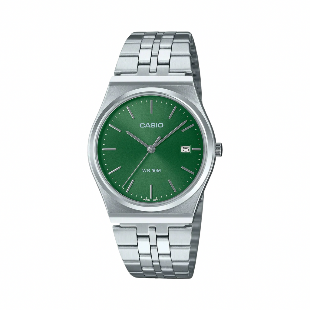 Men's Casio MTPB145D-3A Vintage Silver Green Analogue Steel Band Watch