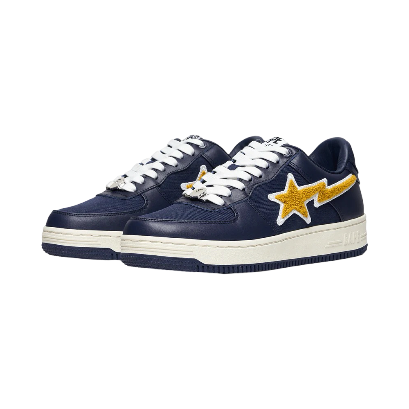 A Bathing Ape x Stadium Goods Bapesta Low Navy Yellow Chenille White