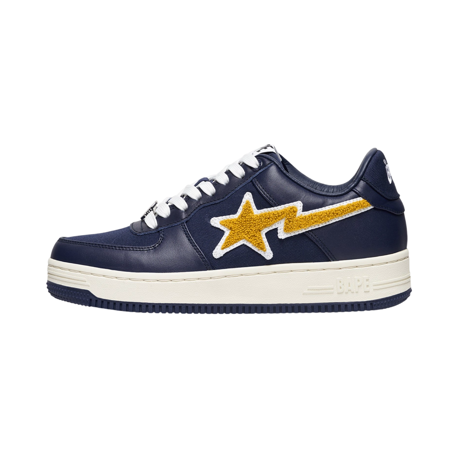 A Bathing Ape x Stadium Goods Bapesta Low Navy Yellow Chenille White