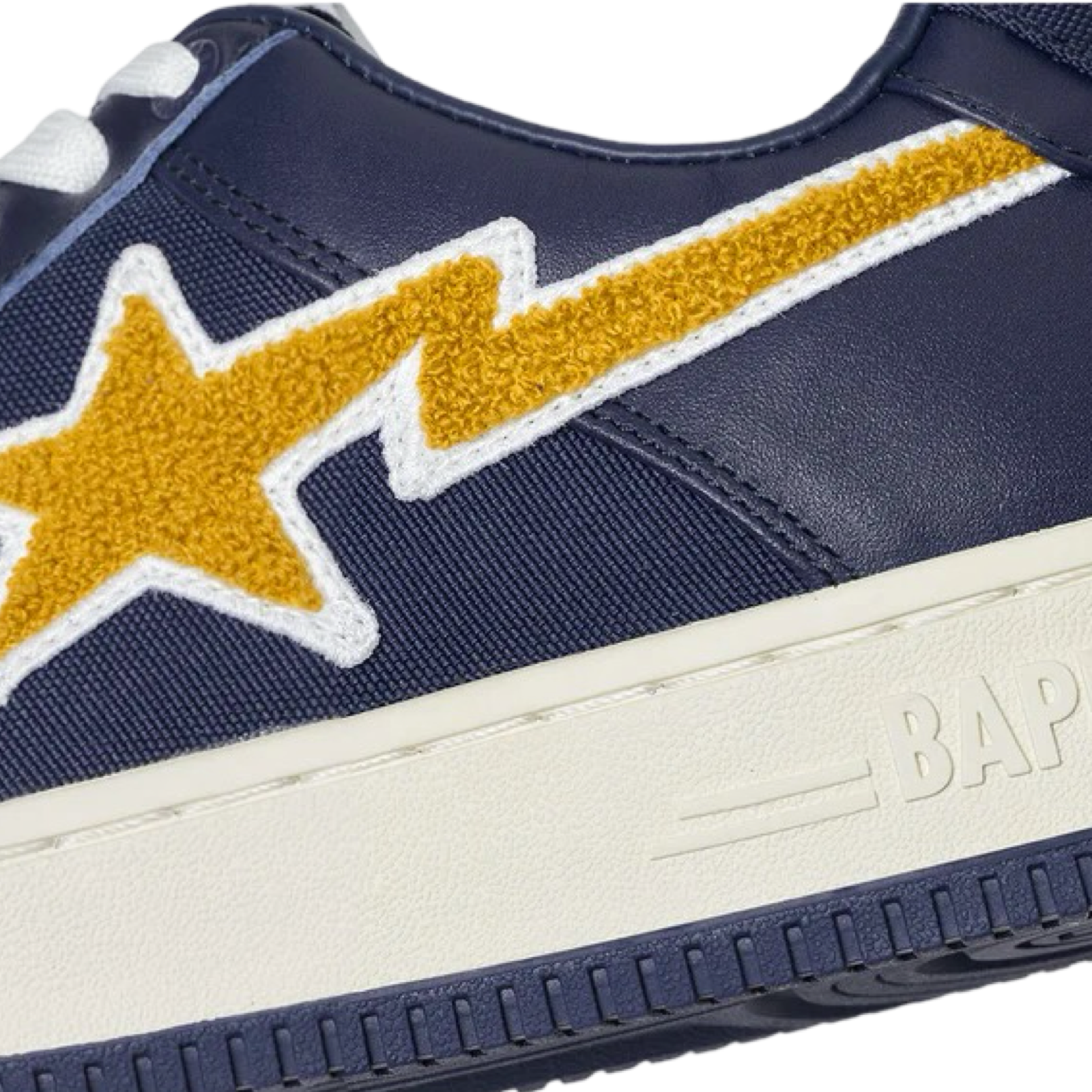 A Bathing Ape x Stadium Goods Bapesta Low Navy Yellow Chenille White