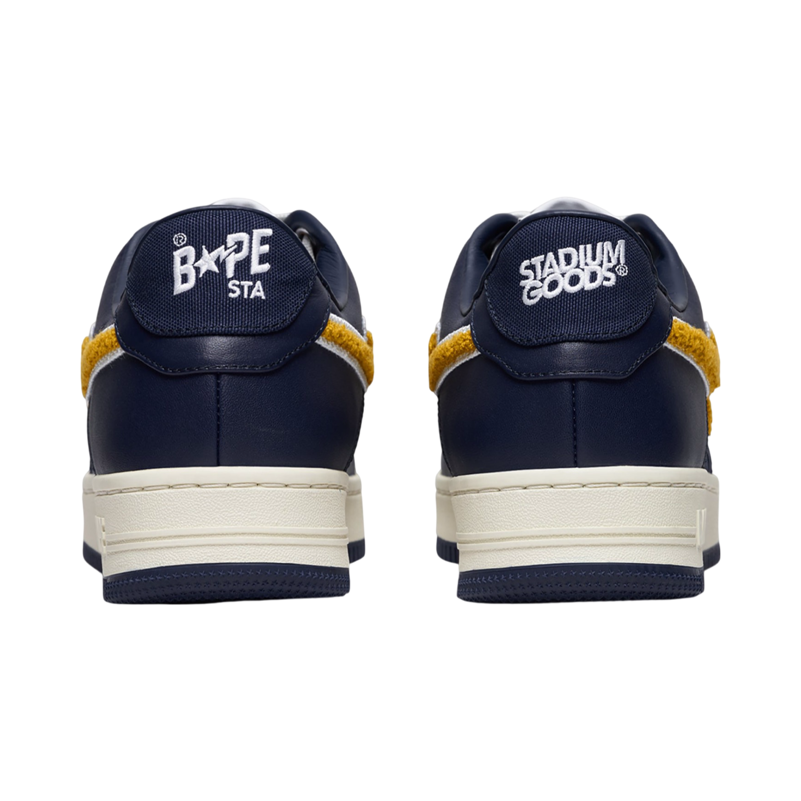 A Bathing Ape x Stadium Goods Bapesta Low Navy Yellow Chenille White