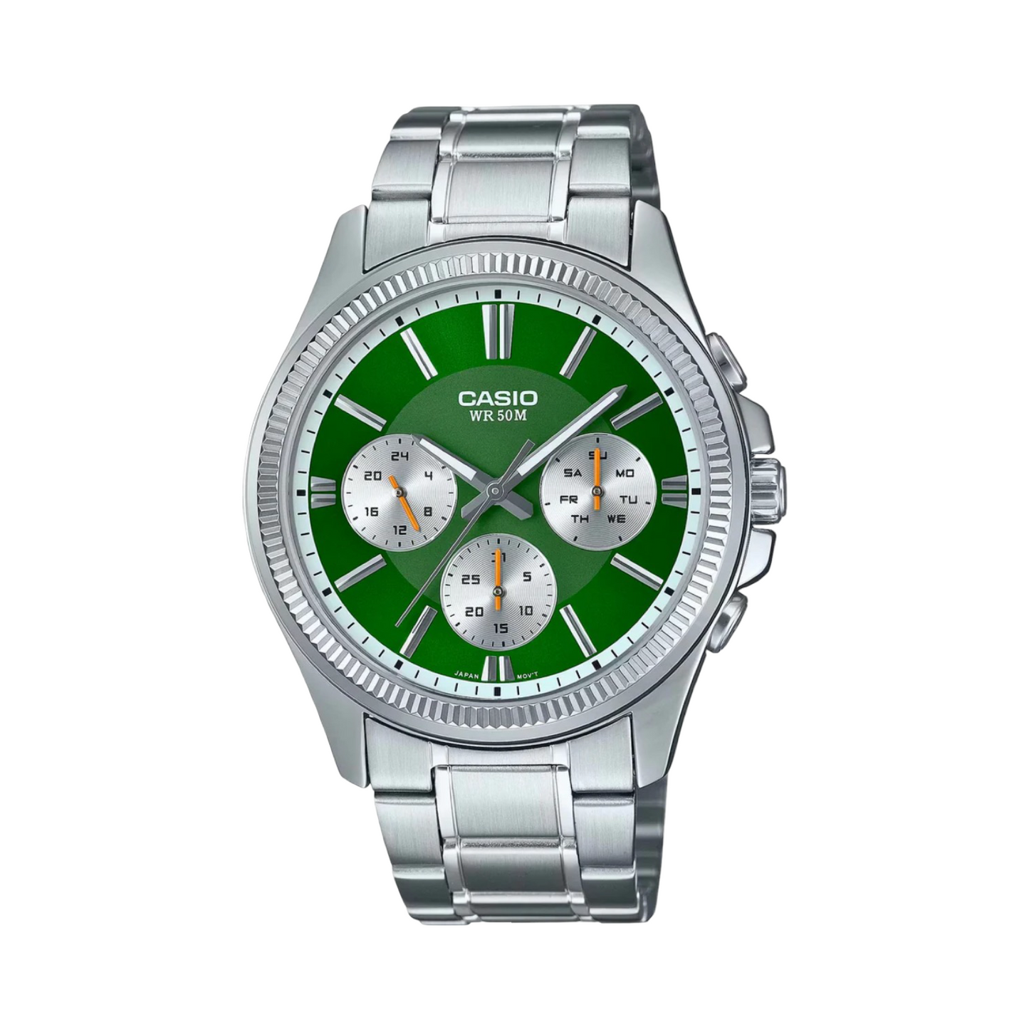 Men's Casio MTP1375D-3A Silver Green Face Steel Band Watch