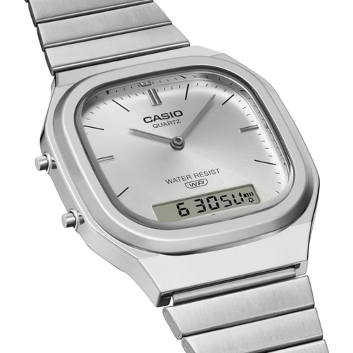 Men's Casio AQ240E-7A Vintage Square White Dial Steel Band Watch
