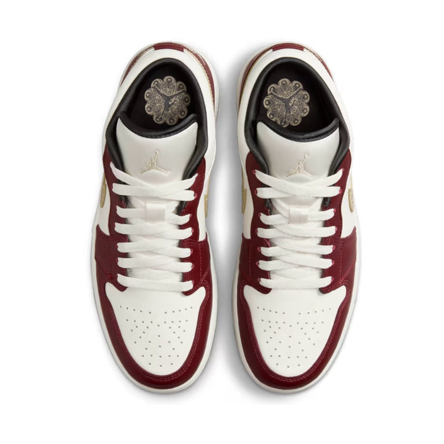 Women's Air Jordan 1 Low Year of the Dragon Sail Metallic Gold Grain Dark Team Red Dark Smoke Grey