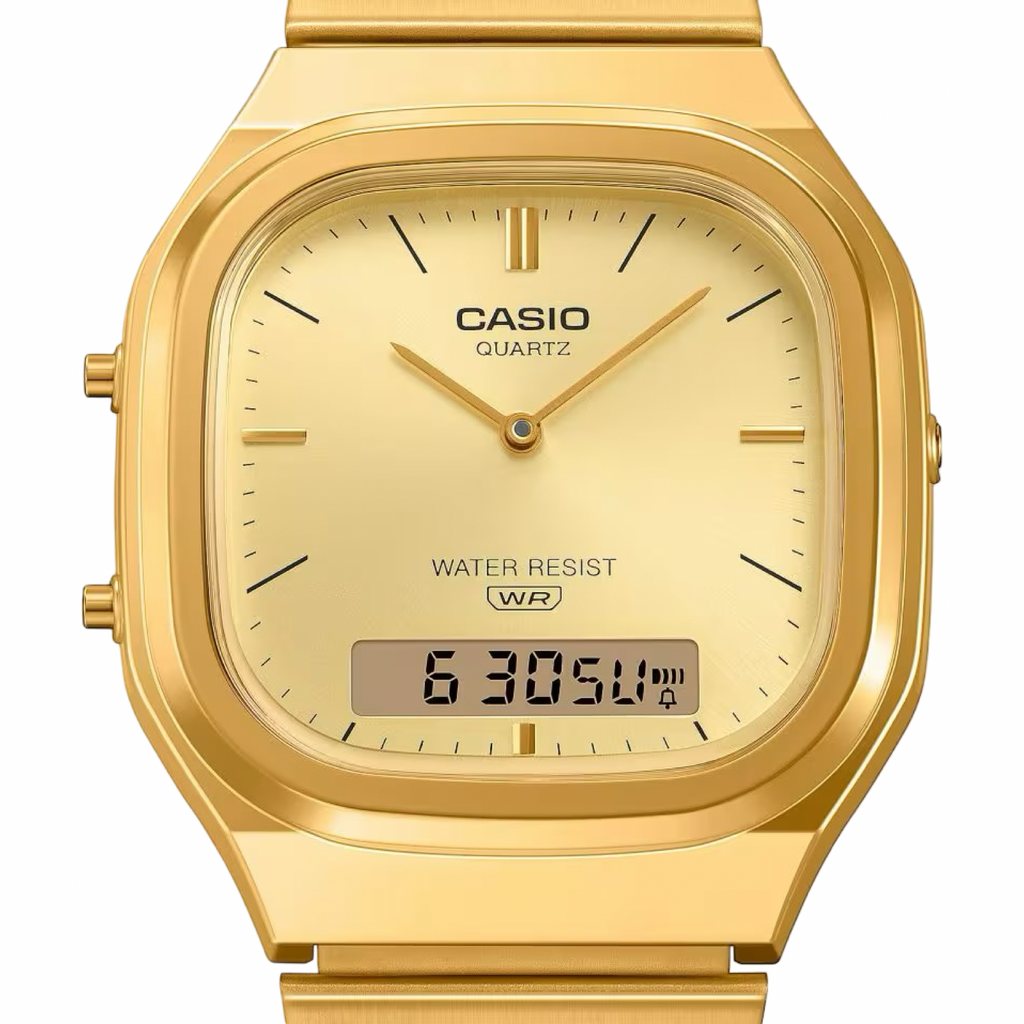 Men's Casio AQ240EG-9ADF Vintage Square Gold Dial Steel Band Watch