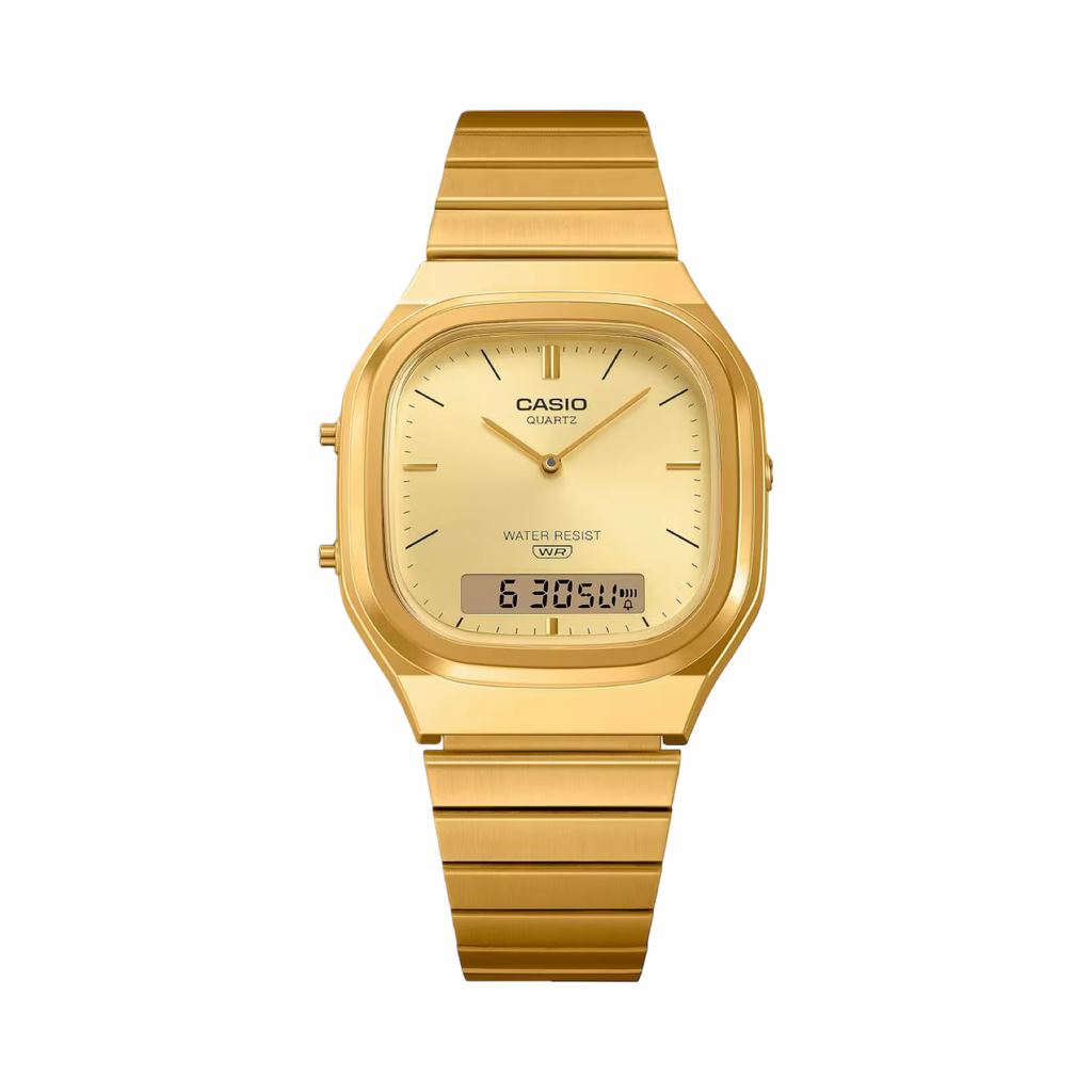 Men's Casio AQ240EG-9ADF Vintage Square Gold Dial Steel Band Watch