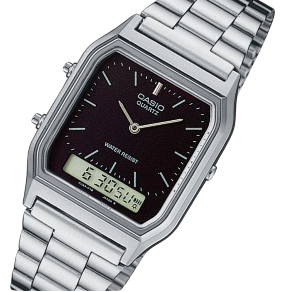 Men's Casio Quartz Duo Trendy Dual Time Watch AQ230A-1D Silver Black