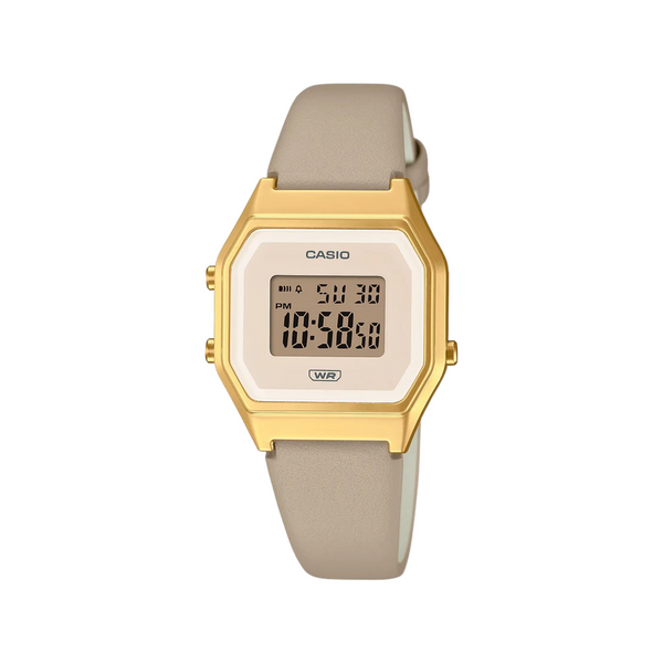 Casio Ladies Digital R'Timer Stop Watch Gold Trim Light Brown Leather