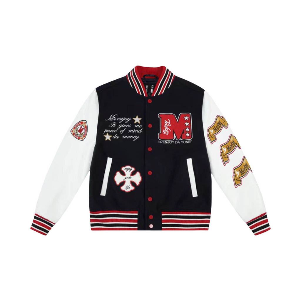 Mr Enjoy Da Money Varsity Jacket Navy White Red