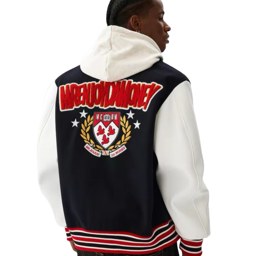 Mr Enjoy Da Money Varsity Jacket Navy White Red