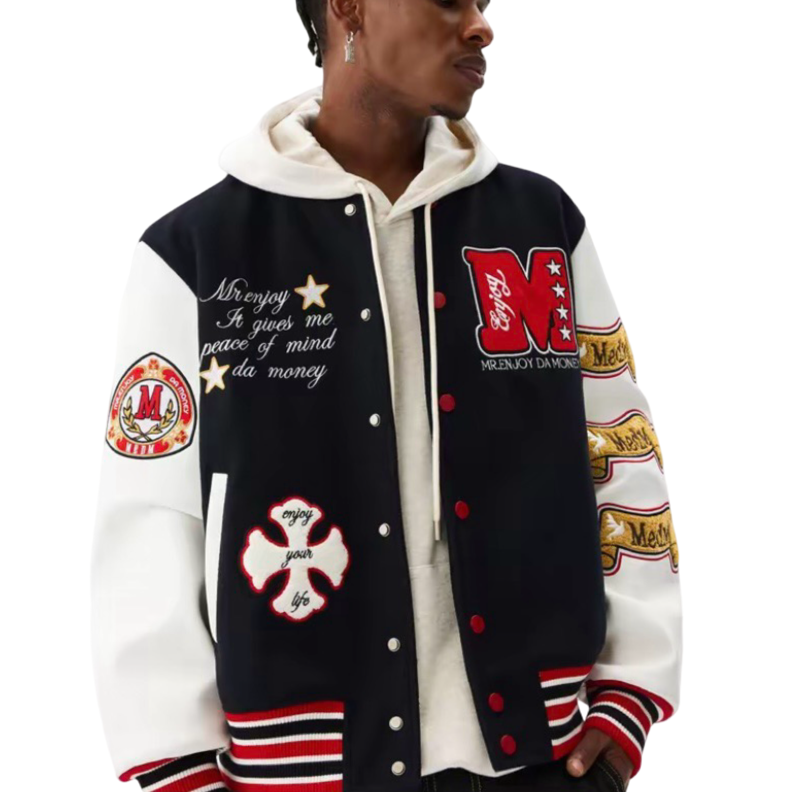 Mr Enjoy Da Money Varsity Jacket Navy White Red