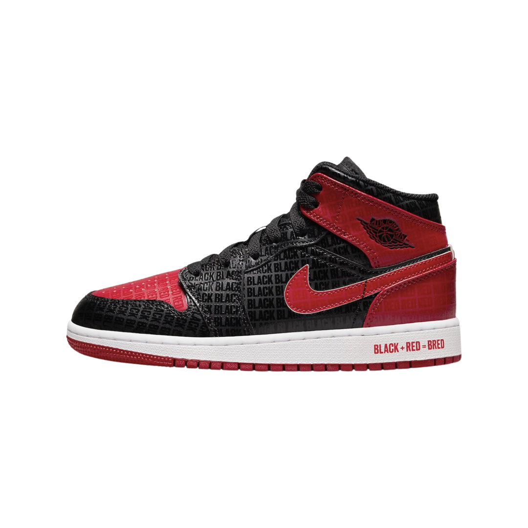 Air Jordan 1 Mid GS BRED Text Black Gym Red White