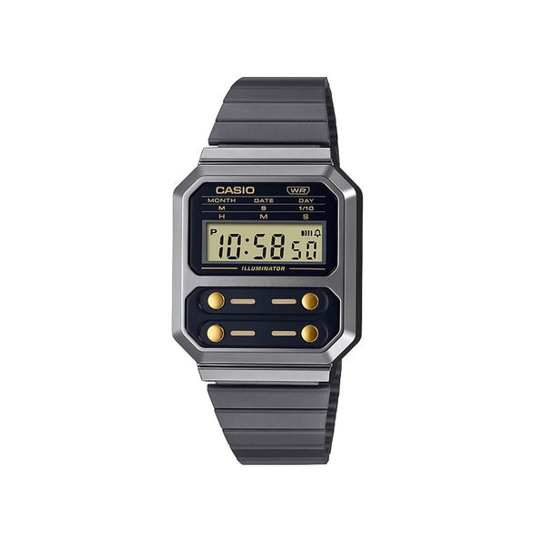 Casio Digital Watch Vintage Gunmetal Silver Black Band A100WEGG-1A2DF