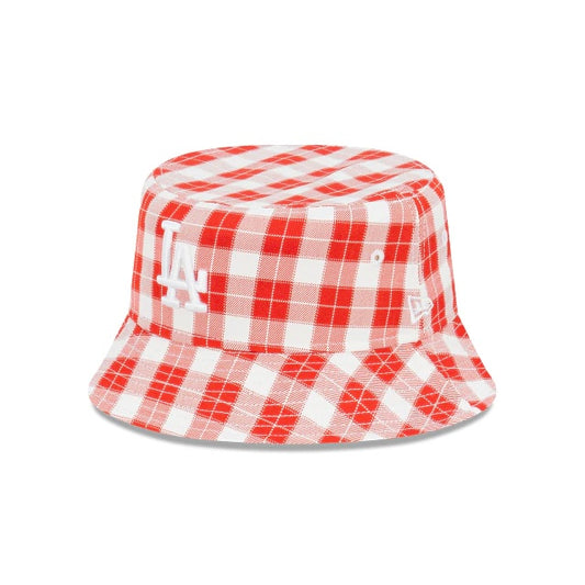 New Era LA Dodgers Plaid Scarlett Red White Bucket Hat