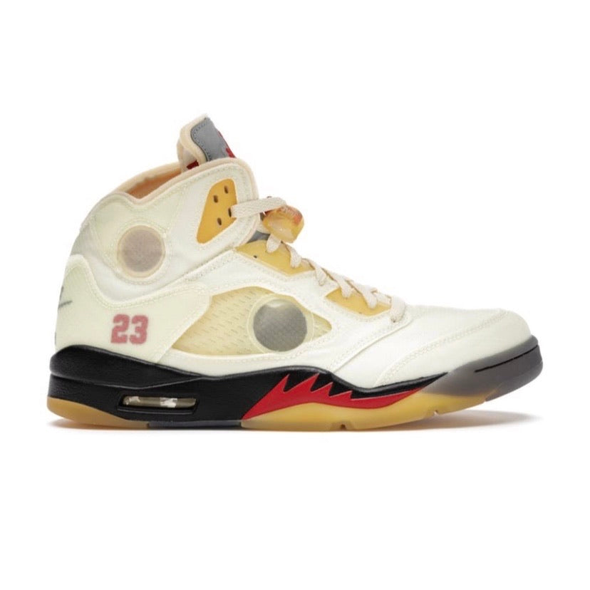 Off-White x Air Jordan 5 Retro SP Sail Muslin Fire Red Black