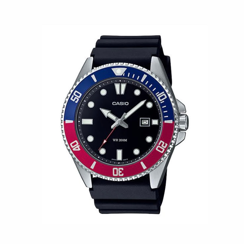 Casio Duro Dive Resin Analogue Blue Red Dial Watch 50M MDV107D-1A3