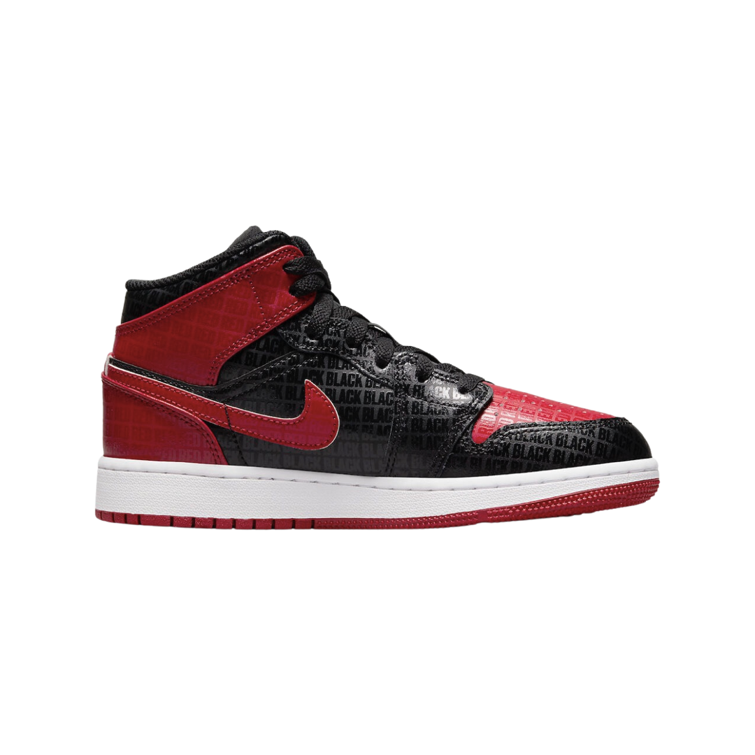 Air Jordan 1 Mid GS BRED Text Black Gym Red White